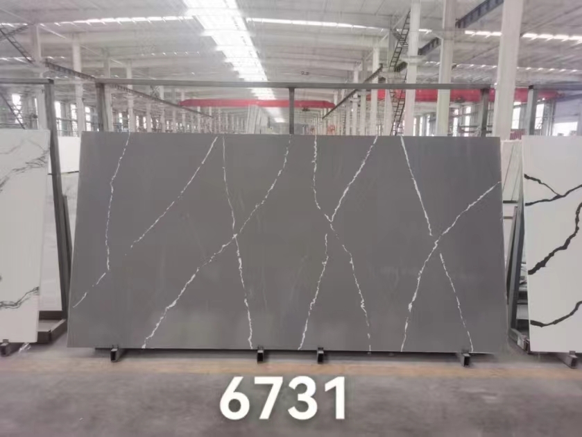New Gray with white long vein Calacatta Quartz Stone Made in China Artificial Marble 6731